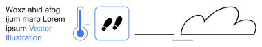 Bulut hesaplama, çevresel takip, veri transferi, depolama izleme, analitik, teknoloji kavramları. Termometre, ayak sesleri ve bulut gösteren minimalist simgeler. Bulut hesaplama