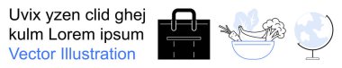 Küresel ticaret, gıda endüstrisi, sürdürülebilirlik, alışveriş, beslenme, ticaret. Market poşeti, bir kase yemek küresi ikonu. Küresel ticaret ve gıda endüstrisi kavramlarına odaklanın