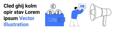 Adam video akışı, dijital para birimi sembollü e-cüzdan ve megafon. Finans, pazarlama, reklam, iletişim, teknoloji, içerik oluşturma için ideal basit bir iniş sayfası
