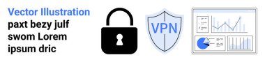 Kilit simgesi, VPN kalkanı ve veri koruması ve mahremiyeti destekleyen analitik gösterge paneli. Siber güvenlik, VPN hizmetleri, veri şifreleme, güvenli tarama, veri analizi, çevrimiçi koruma için ideal