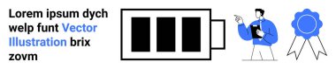 Üretkenlik, takım çalışması, iş büyümesi, başarı, takdir, kaynak yönetimi. Batarya ikonu, pano ödül kurdelesi olan adam. Üretkenlik ve başarı tasarım yoluyla