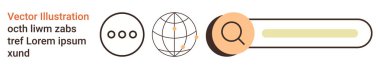 Çevrimiçi navigasyon, arama optimizasyonu, küresel bağlantı, kullanıcı arayüzü, web tasarımı, dijital araçlar. Büyüteç simgesi, dünya sembolü ve menü noktalarıyla arama çubuğu. Arama optimizasyonu