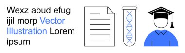 Eğitim, bilimsel araştırma, akademik başarılar, biyoteknoloji, bilgi paylaşımı, profesyonel büyüme. Görsel unsurlar arasında belgeler, DNA iplikleri ve mezuniyet şapkası yer alıyor. Eğitim