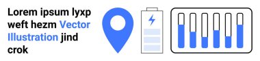 Mavi lokasyon iğnesi, şarj sembollü pil ve veri ilerlemesini gösteren bar çizelgesi. Teknoloji, enerji izleme, navigasyon, analitik, veri görselleştirme, basit pil yönetimi için ideal