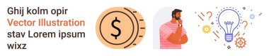 Finansal planlama, yaratıcı düşünme, fikir üretimi, bütçe oluşturma, yenilik, problem çözme. Bir bozuk para, düşünceli bir adam ve dişli ve soru işaretli bir ampul. Mali planlama