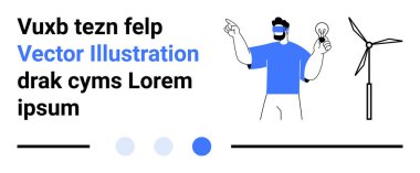 Rüzgâr türbininin yanında dikilirken ampulü tutan adam. Yenilenebilir enerji, yenilik, çevre bilinci, temiz güç, sürdürülebilir çözümler, yeşil teknoloji, basit iniş sayfası için ideal