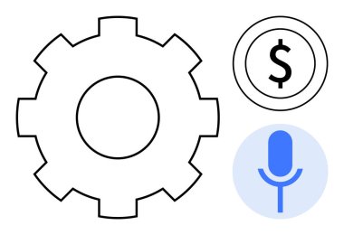Teknoloji, finans, iş, iletişim, otomasyon, iş akışı süreçleri. Vites sembolü, dolar işareti ve mikrofon simgesi. Modern uygulamalar için teknoloji ve finans kavramı