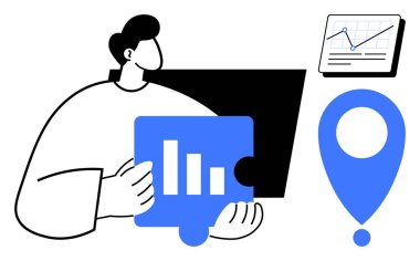 Çubuk grafiği, ekranında veri tablosu ve lokasyon pin sembolü olan bir yapboz parçası tutan kişi. Analiz, karar verme, veri eğilimleri, strateji, coğrafi hedefleme, basit düz planlama için ideal