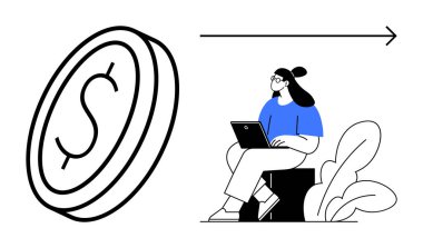 Dijital ödeme konsepti. Bir dolar para sembolü ve dizüstü bilgisayar kullanan bir kadın dijital işlemleri işaret ediyor. Dijital ödeme akışı finans, e-ticaret ve fintech, küresel kullanılabilirliği sağlama