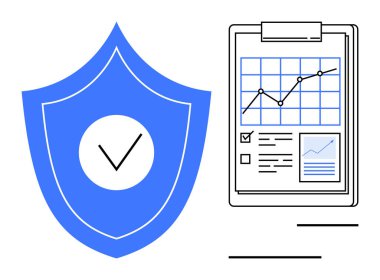 Veri koruması, siber güvenlik, iş analizleri, risk yönetimi, güvenli performans, bilgi güvenliği. Üzerinde kontrol işareti olan mavi bir kalkan ve çizelge gösteren bir pano. Veri koruması