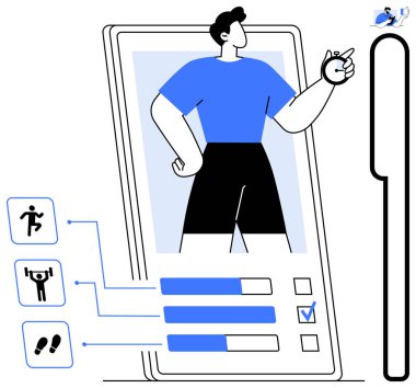 Fitness izleme, mobil uygulamalar, kişisel sağlık, sağlıklı alışkanlıklar, egzersiz planlaması, dijital çalışmalar. Egzersiz simgeleri ve ilerleme çubukları ile modern uygulama arayüzü. Fitness izleme ve mobil