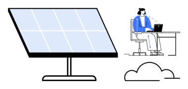 Yenilenebilir enerji kavramı. Güneş paneli olan yenilenebilir enerji ve dizüstü bilgisayarda çalışan biri. Yenilenebilir enerji, çevre dostu çalışma alanları ve sürdürülebilirliği vurguluyor. İdeal