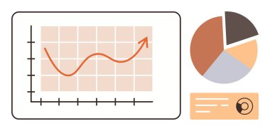 İş büyümesi, veri görselleştirme, finansal analiz, piyasa eğilimleri, istatistikler, performans takibi. Çizgi grafiği ve pasta grafiği sessiz renklerde. İş büyümesi ve veri görselleştirme kavramları