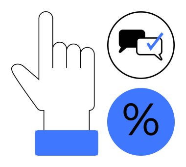 Yukarıya bakan el hareketi, kontrol işaretli konuşma baloncukları ve yüzde işareti karar verme, iletişim, onay, hesaplama, kullanıcı etkileşimi, iş stratejisi kavramlarını çağrıştırıyor