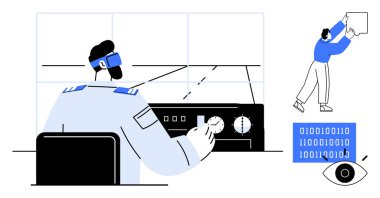 Sanal gerçeklik kavramı. Sanal gerçeklik operatörü bir kontrol paneli ile etkileşime geçiyor ve izleme sistemleri kuruyor. Oyun, tasarım ve veri görselleştirmesi için kullanıcı deneyimlerini dönüştüren sanal gerçeklik