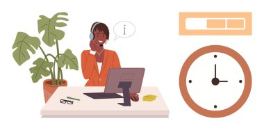 Müşteri desteği, iletişim, takım çalışması, ofis işi, verimlilik, zaman yönetimi. Masada kulaklık kullanan bir profesyonel. Müşteri desteği ve iletişim kavramları