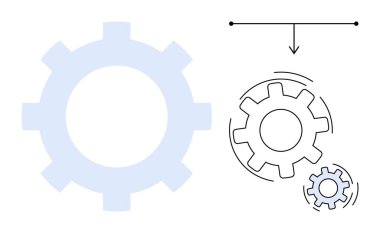 İş akışı otomasyonu, takım çalışması, strateji planlaması, süreç optimizasyonu, mühendislik, problem çözme. Okları ve birbirine bağlı dişlileri olan soyut çark diyagramı. Çalışma akışı otomasyonu ve takım çalışması