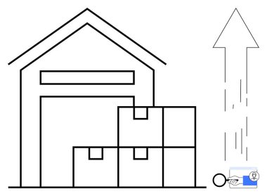 Lojistik, envanter yönetimi, e-ticaret, tedarik zinciri, dağıtım, yenilik. Kutularla dolu bir depo ve yukarı doğru ok sevkiyatı. Lojistik ve envanter yönetimi kavramı