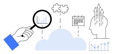 Veri analiz konsepti. Bulut depolama, analiz araçları ve problem çözmeyi ön plana çıkarıyor. Veri, stratejik planlama, bulut hesaplama eğilimleri ve karar verme sürecinin merkezidir. Yapay zeka ve bulut hizmetleri için ideal