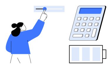 Verimlilik, enerji yönetimi, hesaplamalar, üretkenlik, dijital araçlar, kullanıcı etkileşimi. Bir kadın sürgüyü, hesap makinesini ve bir pil ikonunu ayarlıyor. Verimlilik ve enerji yönetimi kavramı