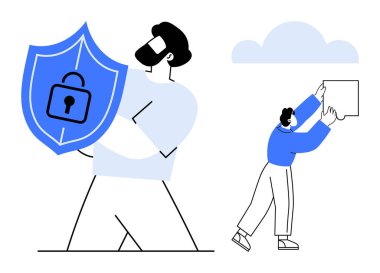 Siber güvenlik kavramı. Siber güvenlik, dijital güvenlik için kalkan ve kilit ile resmedildi. Siber güvenlik güvenli internet iletişimini destekliyor. Teknoloji, veri güvenliği, mahremiyet ve şirketler için ideal