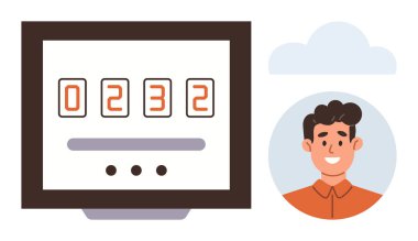 Veri takibi, kimlik yönetimi, kullanıcı bağlantısı, çevrimiçi aktivite, analitik, teknoloji. Dijital sayaç ve gülümseyen adam portresi. Veri izleme ve kimlik yönetimi iyonu