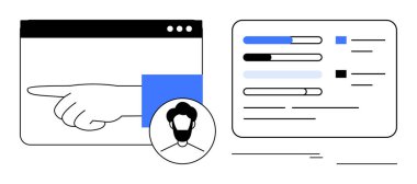 Analitik gösterge panelinde ilerleme çubukları, çizelgeler ve kullanıcı avatarı var. Veri yönetimi, kullanıcı odağı, dijital araçlar, takım çalışması, strateji, teknik çözümler için ideal basit düz metafor