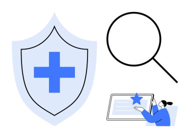 Çevrimiçi güvenlik, sağlık çözümleri, veri yönetimi, arama işlevi, tıbbi hizmetler, dijital güven. Haçlı kalkan, büyüteci tabletle etkileşime sokuyor. Çevrimiçi güvenlik