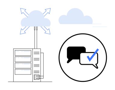 Bulut bağlantılı sunucu, oklu veri transferi ve onaylanmış bir sohbet sembolü. Bulut hesaplama, veri alışverişi, iletişim, güvenlik, teknoloji, sunucu ve çevrimiçi hizmetler için ideal. Basit düz