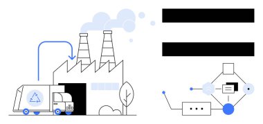 Fabrikada malları boşaltan geri dönüşüm kamyonu, bacalardan buhar yayıyor. Bitişik işlem akış diyagramı bağlı sistemi gösterir. Geri dönüşüm, otomasyon, çevre ve lojistik için ideal