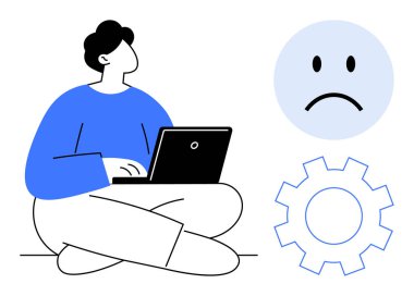 Sorun çözme konsepti. Hüzünlü bir yüz ve teçhizata sahip sorun çıkaran simgeler, teknik veya aygıt sorunlarını vurguluyor. Sistem hataları, bilişim sorunları, yazılım hataları, problem çözme