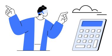 Teknoloji, bulut hizmetleri, dijital dönüşüm, otomasyon, bilgisayar, yenilik. Akıllı gözlüklü biri bulut ve hesap makinesini işaret ediyor. Teknoloji ve bulut hizmetleri kavramı