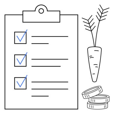 Sağlık hedefleri, yemek planlaması, tasarruflar, finansal hedefler, diyet, öncelikler. Havuç ve sikkelerin yanında işaretli kontrol listesi. Sağlık hedefleri ve yemek planlama kavramları