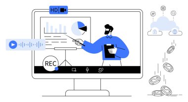 İş analizleri, video konferans araçları, çevrimiçi işbirliği, veri paylaşımı, dijital pazarlama, finansal stratejiler. Bir sunucu sanal bir platformda grafikleri ve verileri tartışır. Video