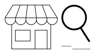Çizgili tente ve büyüteçle küçük bir dükkan önü iş arama, analiz ya da keşfi temsil ediyor. Perakende, araştırma, pazarlama, yerel işletme, keşif ve büyüme için ideal