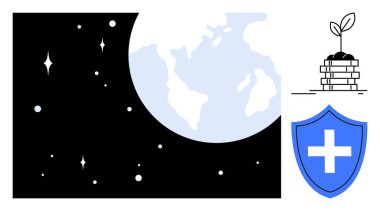 Sürdürülebilirlik, küresel sağlık, çevresel bakım, tıbbi koruma, yatırım, güvenlik. Dış uzayda Dünya 'nın görüntüsü, bozuk paraların üzerinde haç yetiştiren bitkiler. Sürdürülebilirlik ve küresel sağlık