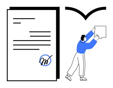Belge yönetimi konsepti. Dijital imzalı belge ve veri yükleyen kişi. Belge düzenlemesi, güvenli dosyalama, dijital organizasyon, e-imza doğrulaması. İş için, finans