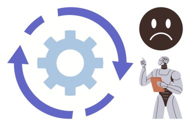 Otomasyon, robot bilimi, iş akışı tasarımı, yapay zeka sorunları, hata yönetimi, verimlilik. Dairesel okları olan bir vites, robot elinde bir pano hüzünlü duygu hatası. Otomasyon ve robotik iş akışı kavramı