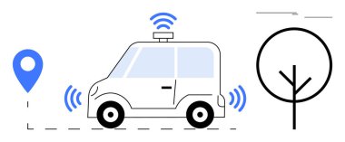 Algılayıcılar ve GPS kullanan otonom bir araç ağaç ve yol hatlarının yakınındaki navigasyon için sabitlendi. Ulaşım, teknoloji, yenilik, gelecekteki hareketlilik, navigasyon, özerklik, akıllı şehirler için ideal