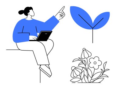 Eğitim, teknoloji, doğa, çevre dostu düşünce, kişisel gelişim, yaratıcılık. Dizüstü bilgisayar kullanan ve yaprağı işaret eden bir kadın. Eğitim ve doğa kavramları tek bir resimde