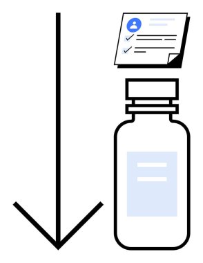 Aşağı ok, tıbbi şişe ve aşı işlemini, kayıt tutma ve sağlık hizmetlerine uymayı sembolize eden listeler. Sağlık, güvenlik, önleme, aşılama belgeleri için ideal