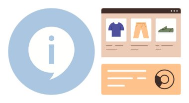 Çevrimiçi alışveriş, e-ticaret, dijital bilgi, ürün kategorileri, navigasyon, kullanıcı arayüzü. Ürün resimleri bir bilgi simgesinin yanındaki bir web sayfasında görüntülenir. Çevrimiçi alışveriş ve e-ticaret kavramı