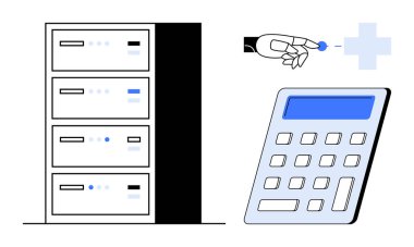 Teknoloji, veri işleme, sağlık analitiği, yapay zeka, dijital çözümler, bilgisayar. Sunucu yığını, mavi noktalı robot el ve hesap makinesi. Teknoloji ve veri işleme
