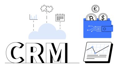 CRM metni bulut, bar çizelgesi, bulmaca parçası, takvim, cüzdan, dijital para ve analitik tablo. İş stratejisi, müşteri yönetimi, finansman bulut sistemleri büyüme verileri için ideal