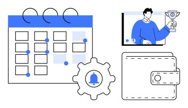 Aktivite çizelgesi, teçhizat, cüzdan ikonu ve video konferansında ödül alan adam takvimi arayüzü. Planlama, üretkenlik, çevrimiçi toplantılar, bütçe belirleme, ödül etkinlikleri için ideal