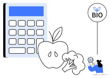 Sürdürülebilir yiyecekler. Bir hesap makinesi, organik meyve, sebze ve sürdürülebilir gıda seçenekleri. Bilinçli tüketim, çevre dostu diyet ve organik tarım için sürdürülebilir gıda