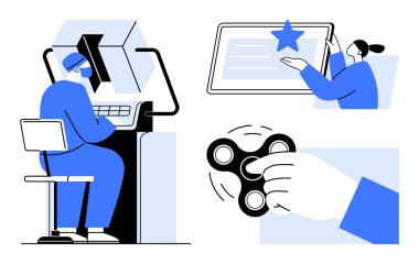 Dijital öğrenme, iş verimliliği, çevrimiçi değerlendirmeler, odaklanma araçları, etkileşimli uygulamalar, kullanıcı davranışları. Masada oturan biri, dokunmatik ekranda dönen eli tutan biri. Araçları odakla ve üretkenliği çalıştır