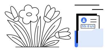 Doğa sembolizmi, sağlık kayıtları, çevre, tıbbi belgeler, hasta bakımı, veri depolama. İçinde kişisel tıbbi veriler olan siyah beyaz çiçekler. Çevre ve sağlık kayıtları