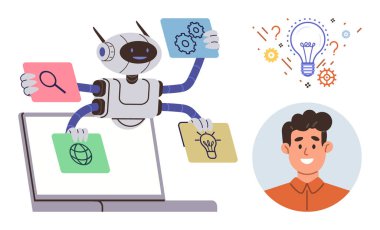 Teknoloji, yapay zeka, takım çalışması, yenilik, problem çözme, insan-bilgisayar etkileşimi. Robot, bir dizüstü bilgisayarda ampul ve dişlilerle çeşitli görevleri yerine getiriyor. Teknoloji ve yapay