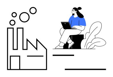 Endüstri ve uzaktan çalışma konsepti. İşçilerle birlikte dizüstü bilgisayar kullanan fabrika endüstriyel işlemleri. Endüstri ve teknoloji entegrasyonu. Sürdürülebilirlik, yenilik, dijital çalışma, üretim